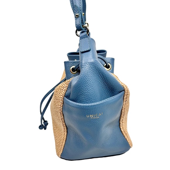 Unica Firenze NEW Italian Leather + Straw Bag Purse Sky Blue - Picture 3 of 16